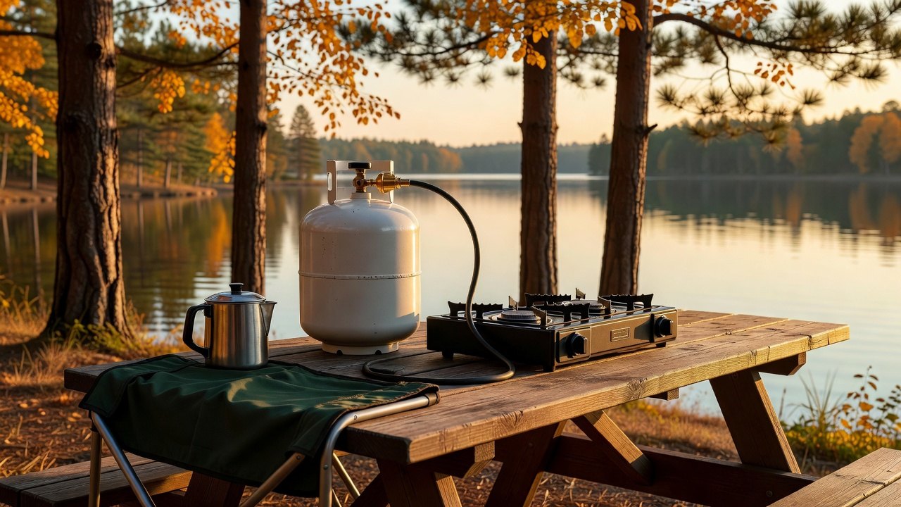 20 lb propane tank connected by hose to a two-burner camp stove on a lakeside picnic table in autumn