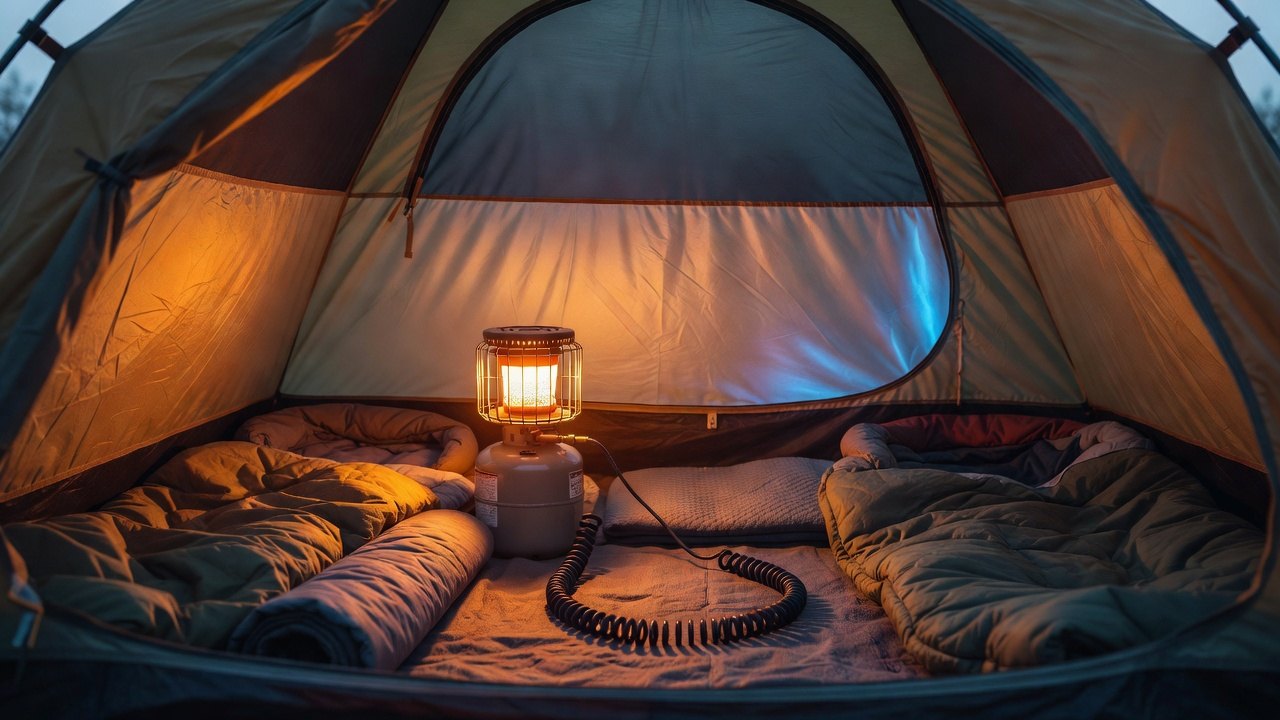 Portable propane radiant heater glowing inside a family tent at dusk