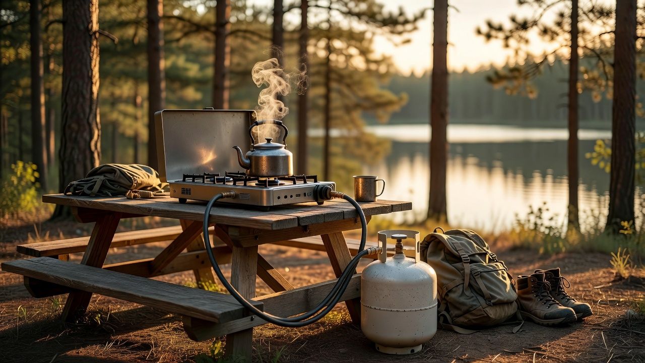 Two-burner propane camp stove on a picnic table connected by hose to a 20 lb propane tank at golden hour