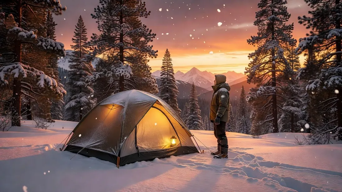 A four-season tent pitched in cold late-fall weather