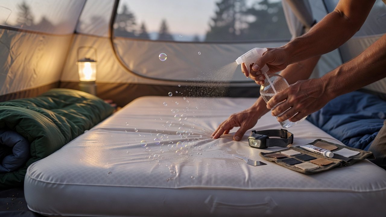Air mattress with a slow leak being tested with soapy water at a campsite