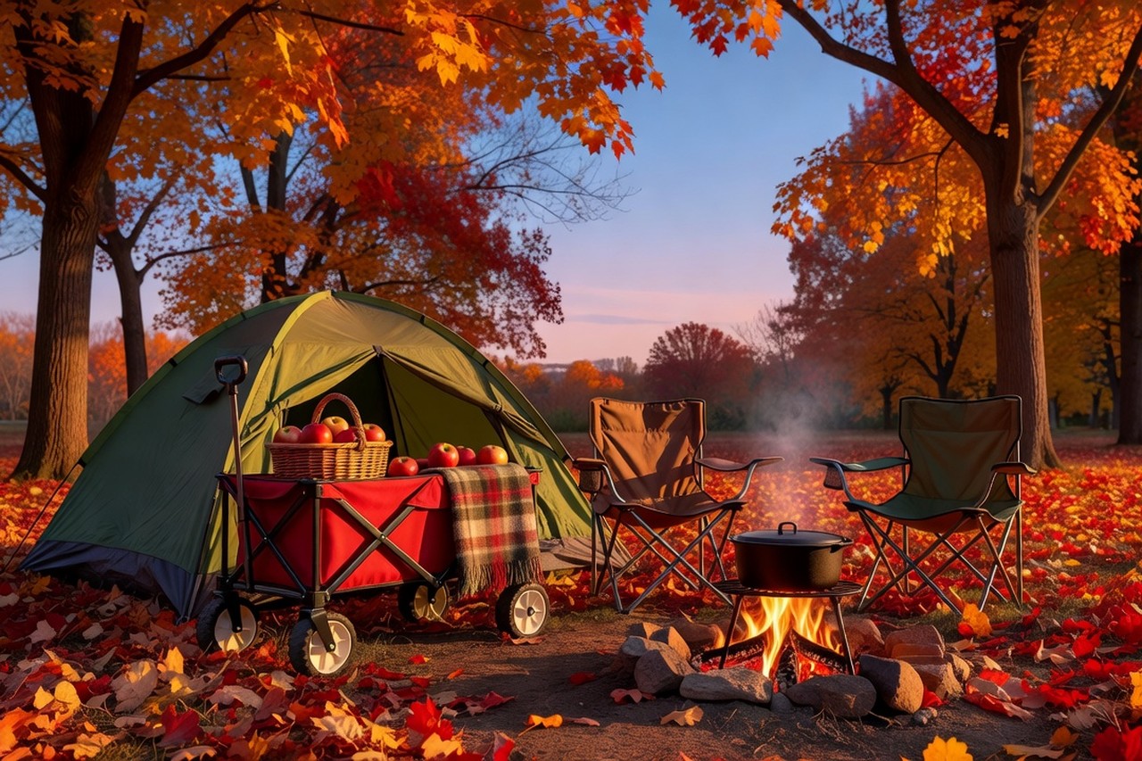 A red wagon loaded with a basket of apples and a picnic blanket beside a tent at a golden-hour fall campsite