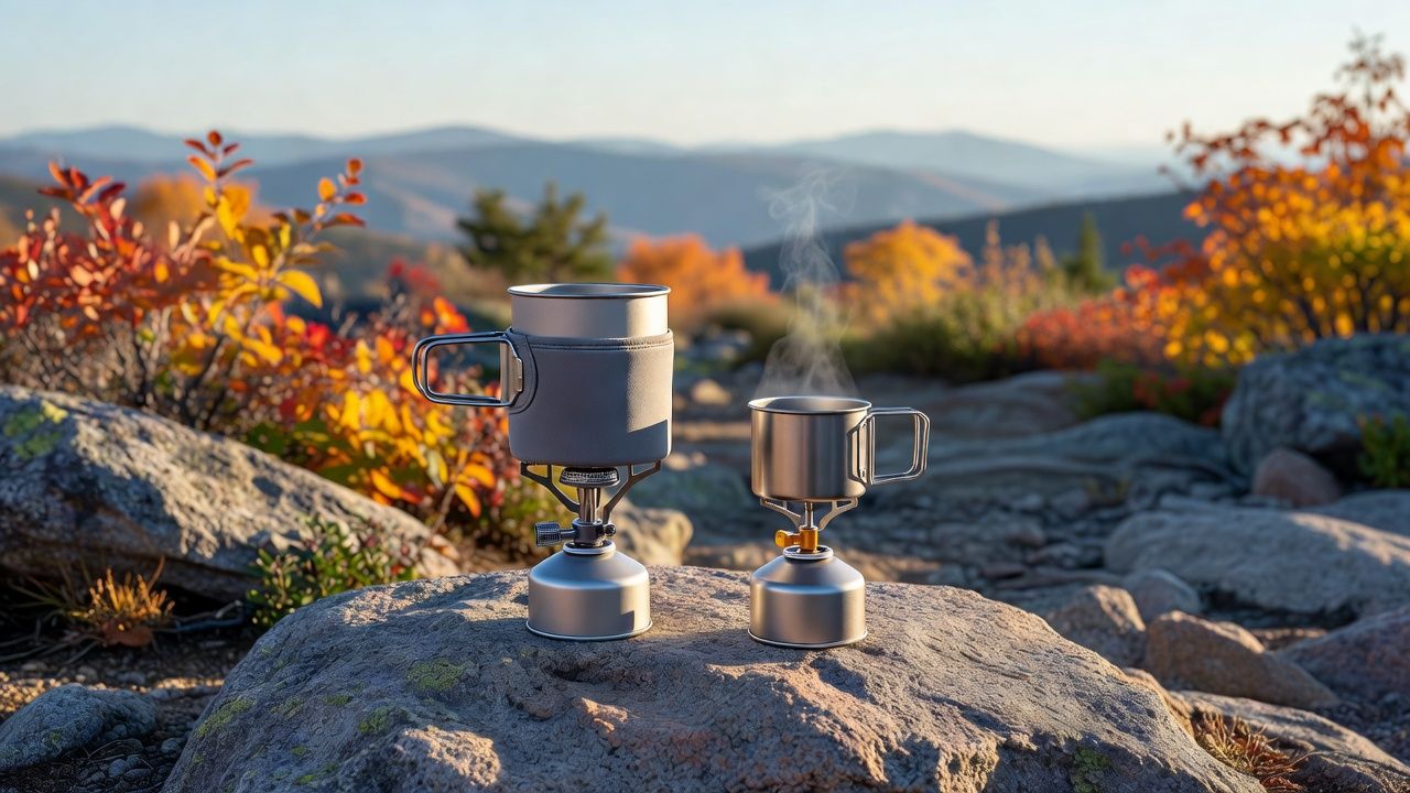 An integrated canister stove with its 1-liter heat-exchanger pot next to a bare ultralight screw-on backpacking burner on a granite rock at a fall mountain campsite