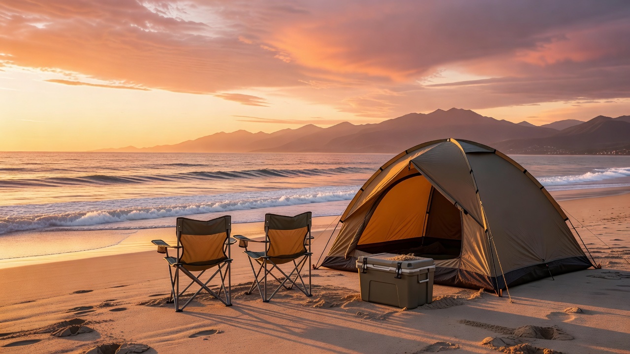 Beach camping at golden hour with tent pitched on sand facing the ocean