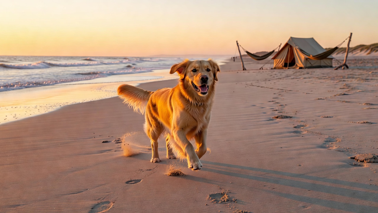 Golden retriever running on sandy beach at sunrise with tent and hammock in background β beach camping with your dog