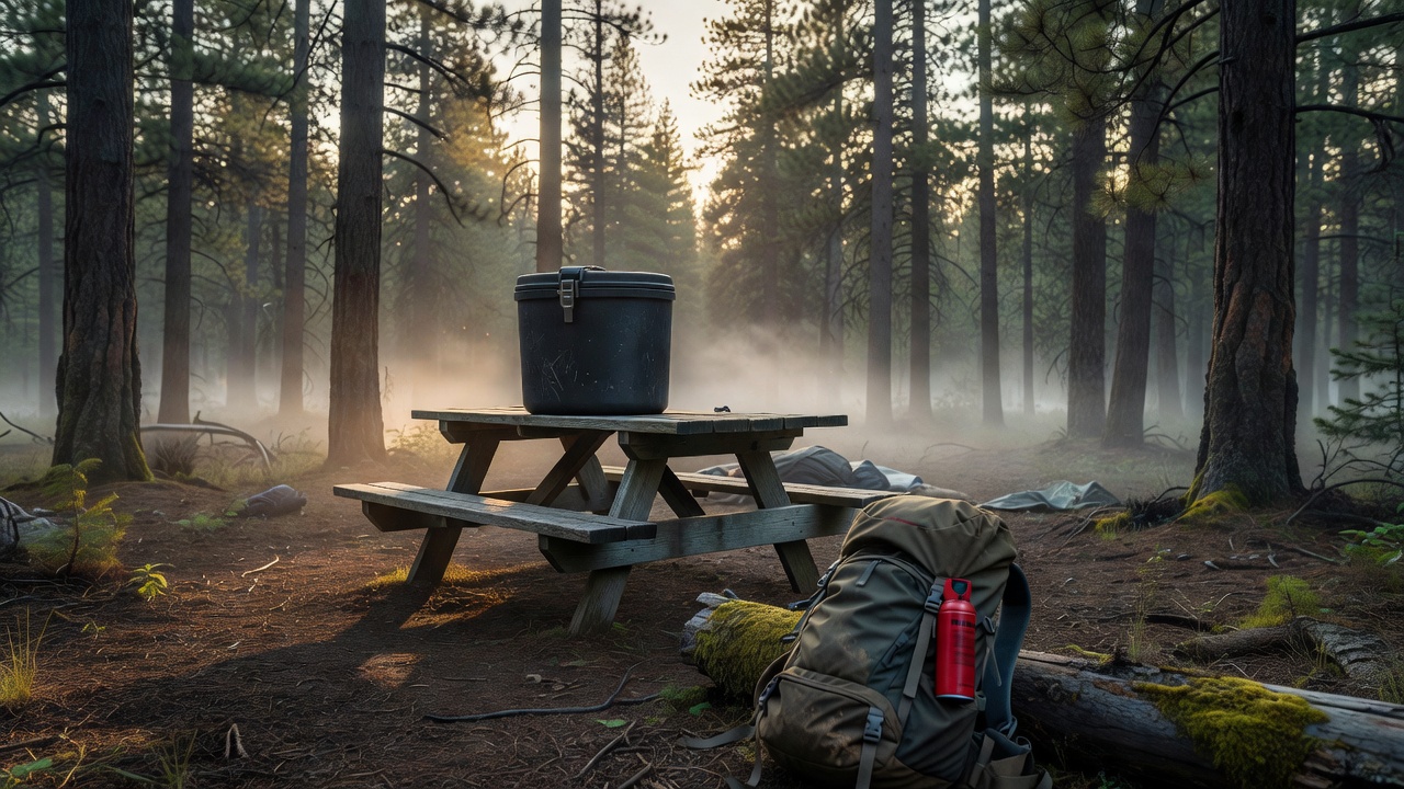 Misty bear-country campsite at dawn with bear-proof food storage and bear spray