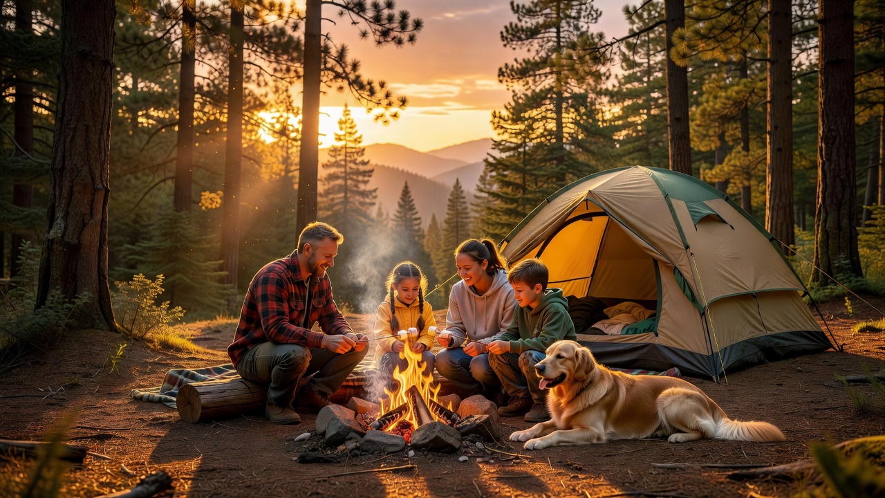 Family camping at golden hour