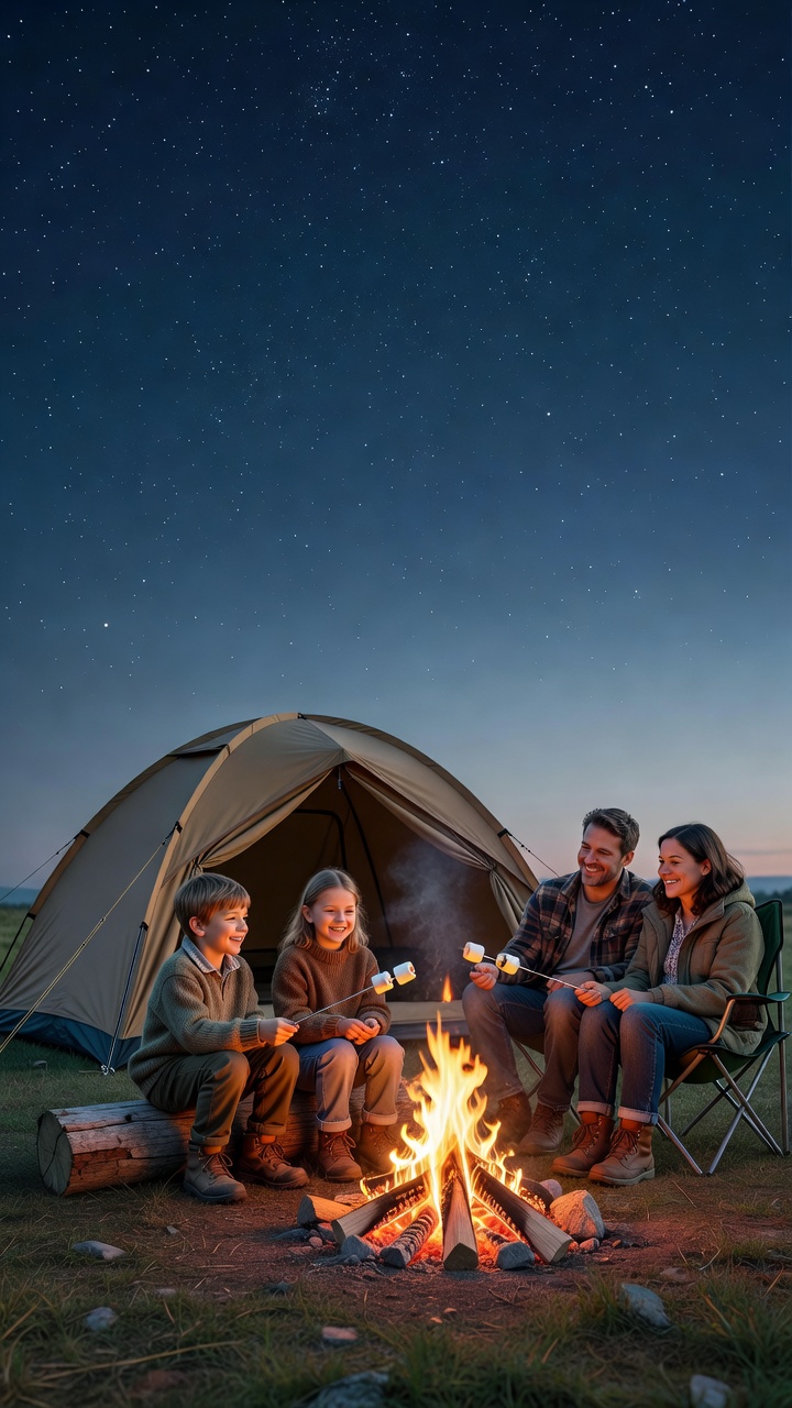Family campsite at golden hour with kids by the fire and a roomy tent nearby