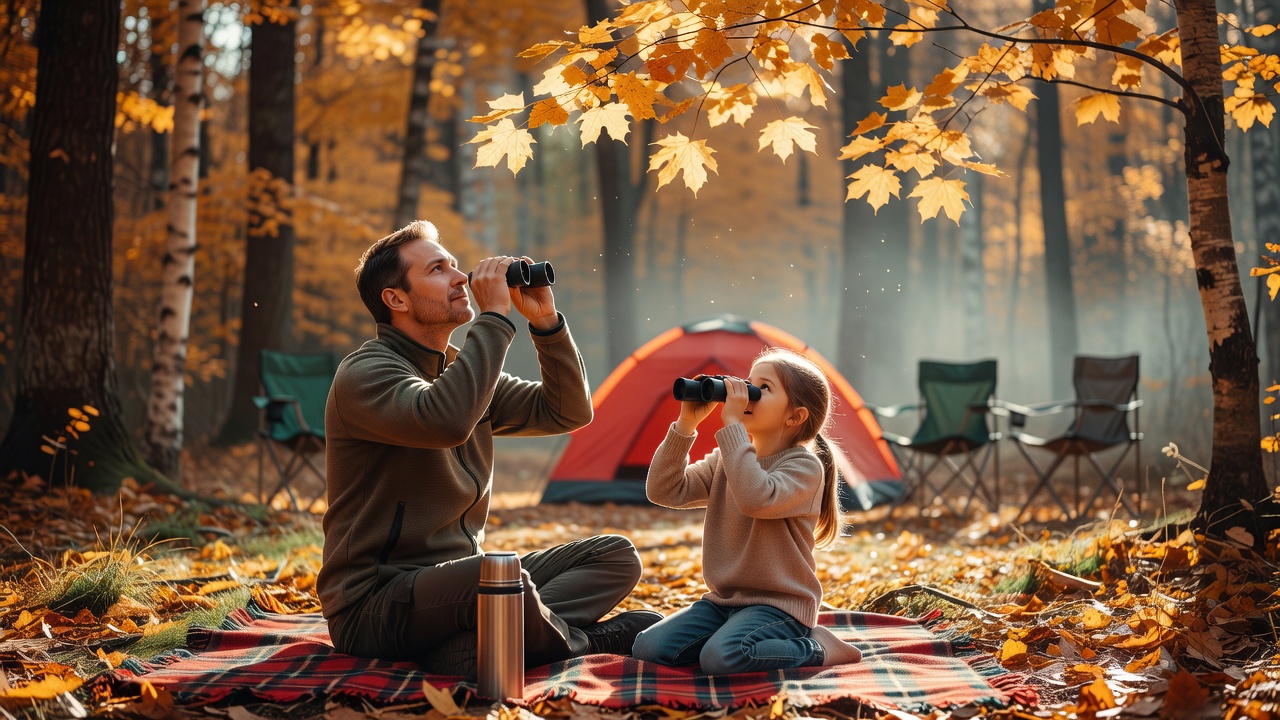 Father and daughter birdwatching with binoculars from a picnic blanket at a forest campsite in early autumn