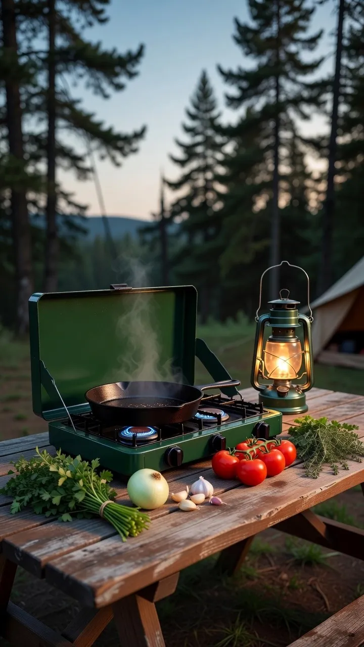 A compact camp stove, fuel cartridges, and a skillet ready for breakfast at a campsite