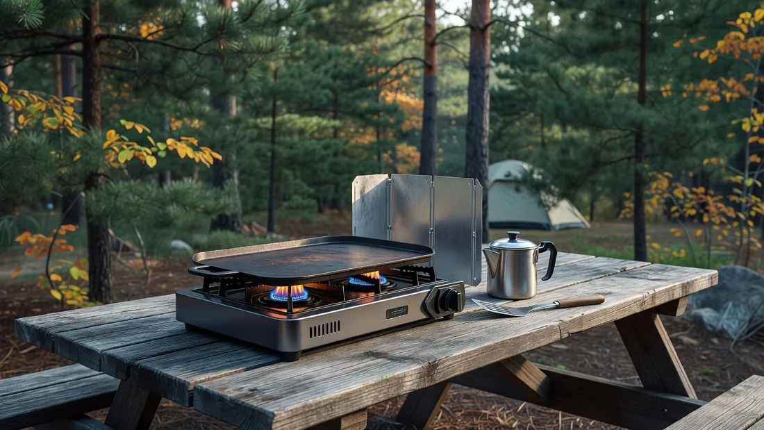 Two-burner propane camping stove with a cast iron griddle on a picnic table at an autumn campsite