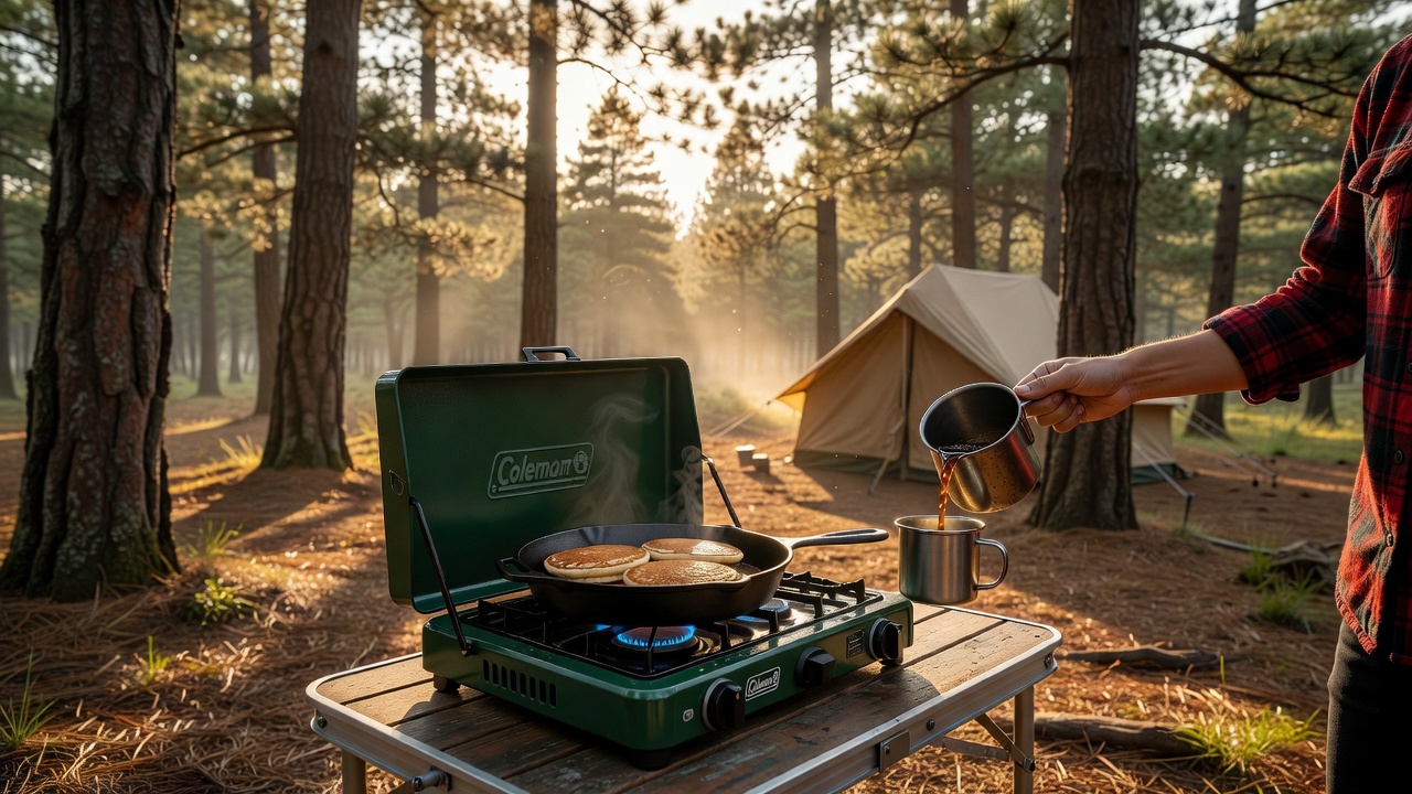 Coleman RoadTrip 225 cooking breakfast at a forest campsite