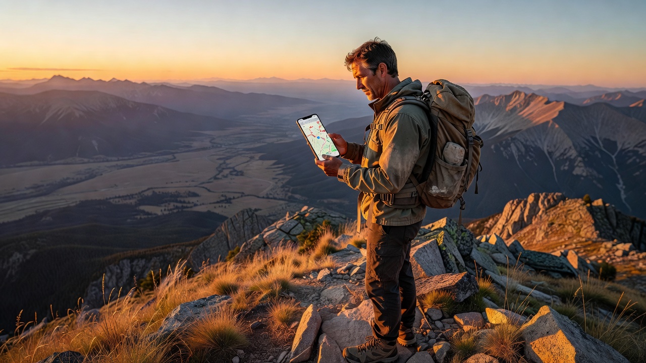 Hiker checking GPS app on mountain ridge