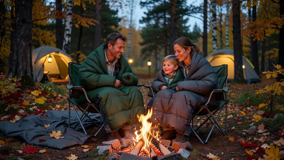 A family wrapped in puffy camping blankets in folding chairs by a campfire at an autumn campsite at dusk
