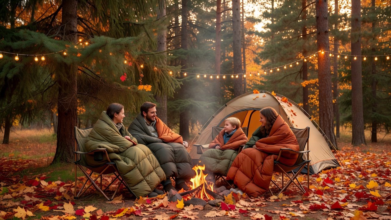 A family wrapped in puffy camping blankets around a fall campsite at golden hour