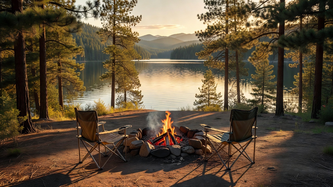 Two camping chairs set up around a fire ring overlooking a mountain lake at golden hour