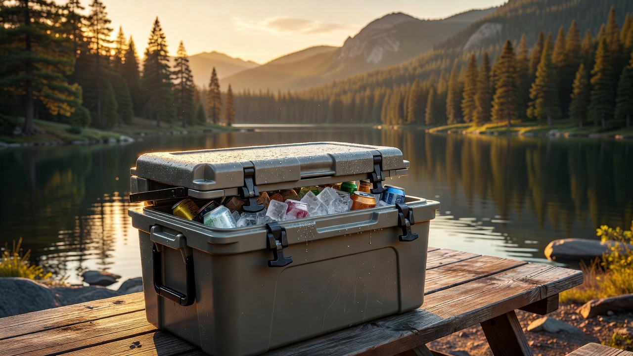 Camping cooler with condensation at a scenic golden-hour campsite