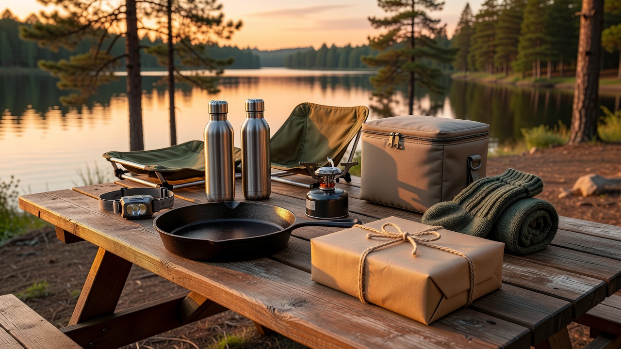 Camping gift gear flat-lay on a picnic table at a lakeside campsite at golden hour