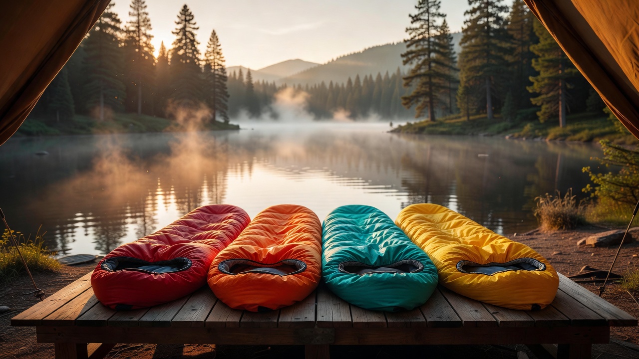 Camping sleeping bags laid out at a campsite with morning light