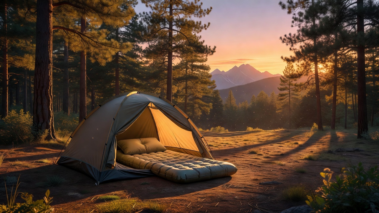 Golden hour camping scene with tent, sleeping pad, and camp pillow