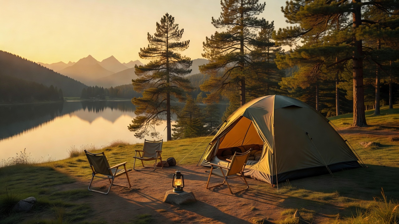 Family tent pitched at a scenic mountain campsite during golden hour