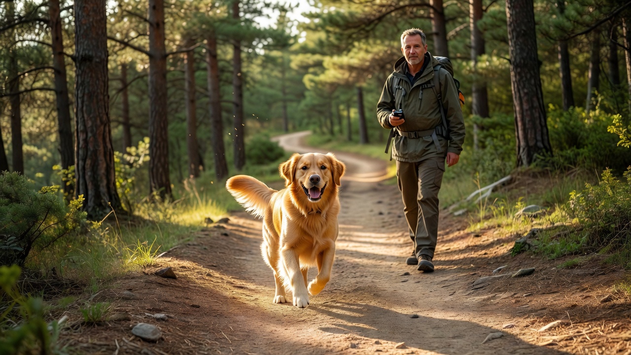 Off-leash golden retriever on a forest trail during golden hour
