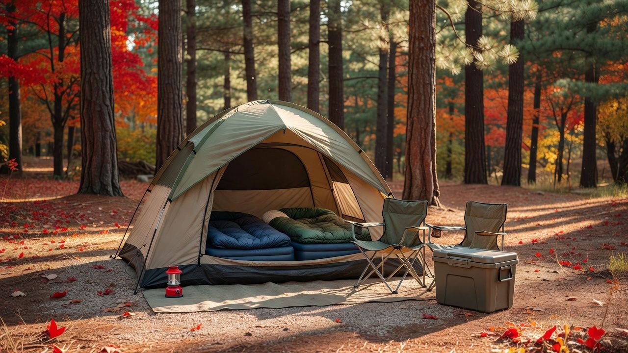 A family camping tent set up on an autumn forest campsite pad with two sleeping pads inside, camp chairs and a cooler outside the door