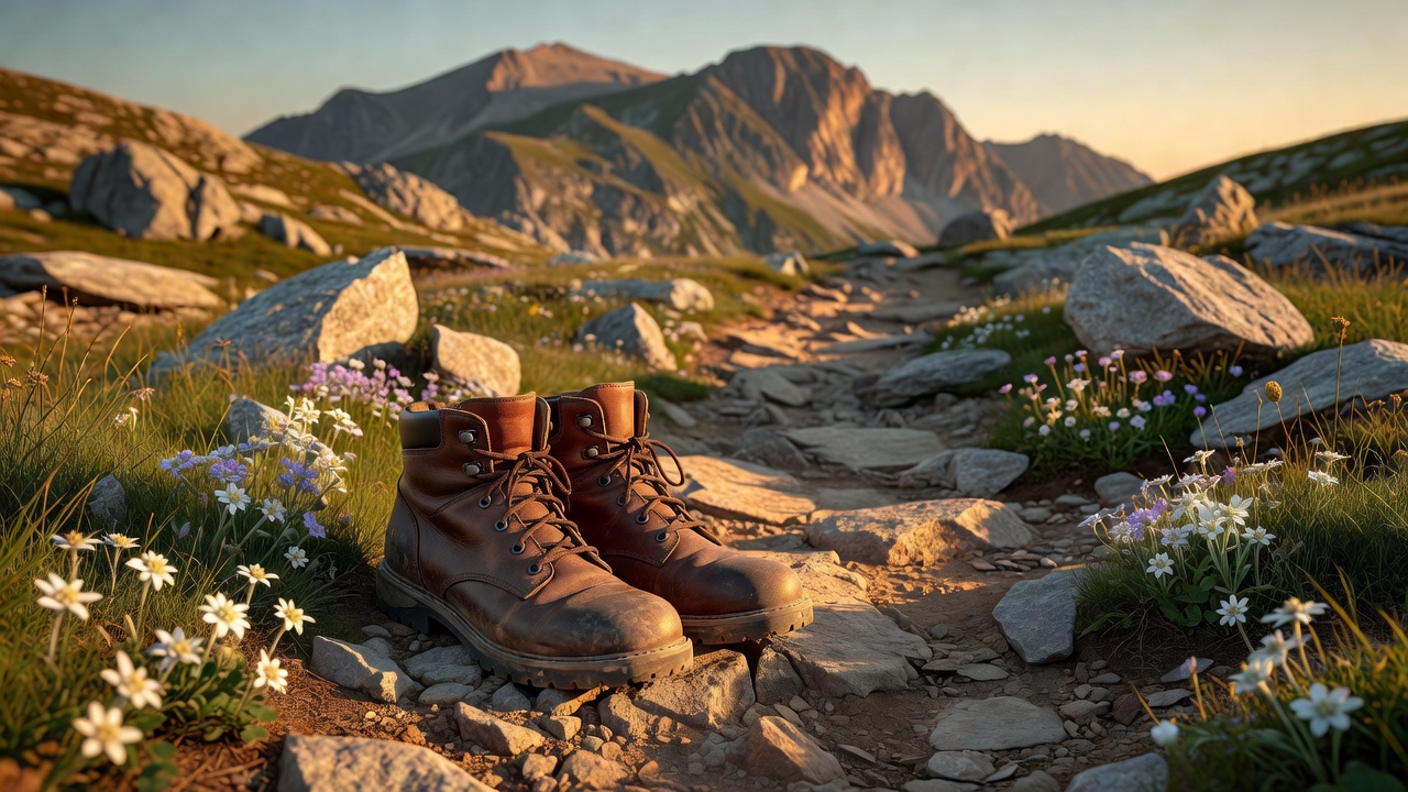 Rugged hiking shoes resting on a rocky mountain trail at golden hour