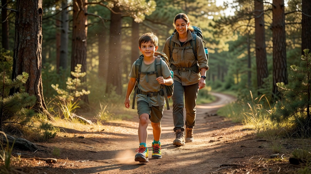 Child hiking on a sunlit forest trail in sturdy kids hiking shoes