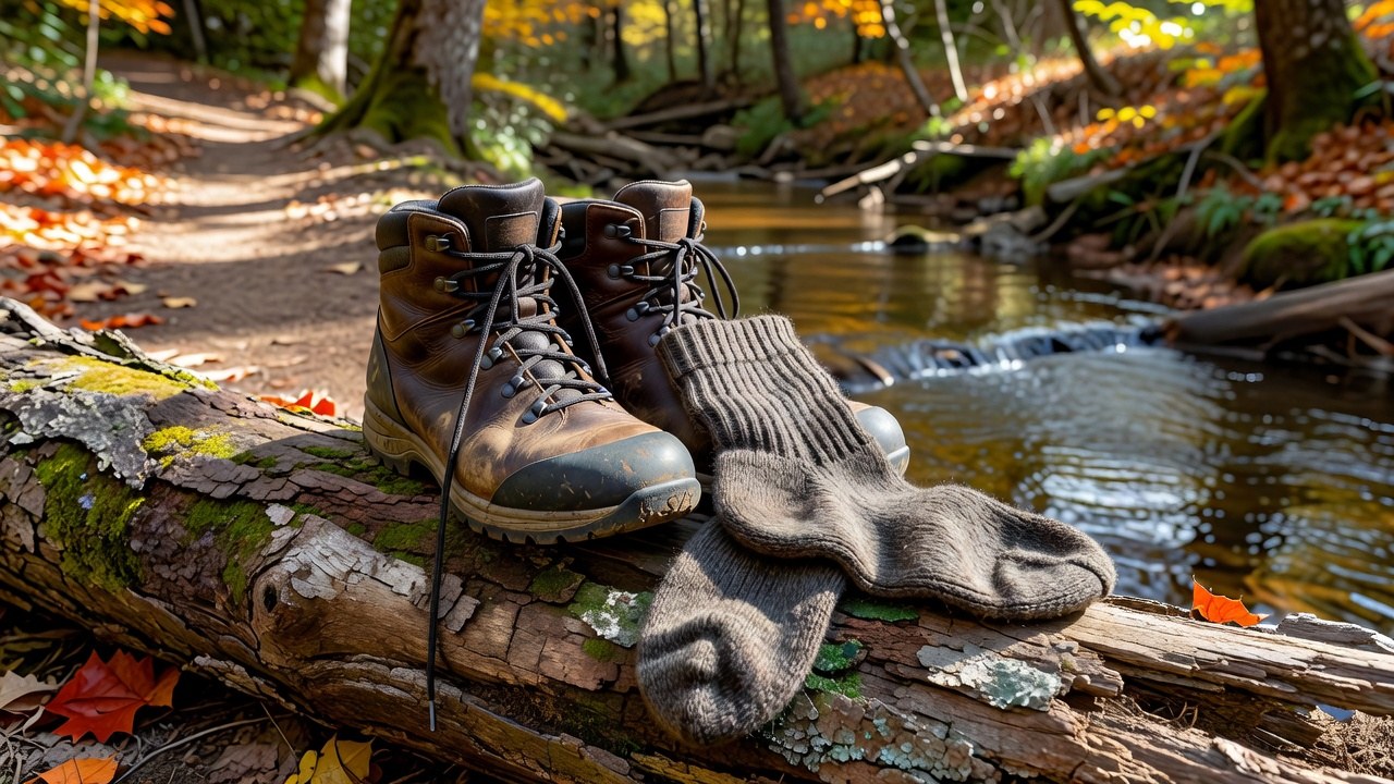 A well-worn brown hiking shoe beside a thick merino wool sock on a fallen log at the edge of an autumn forest trail