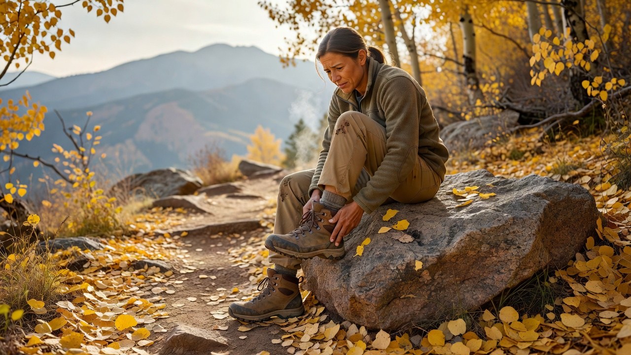 A hiker sitting on a granite boulder beside an autumn mountain trail, unlacing a hiking shoe and pressing a thumb into their heel