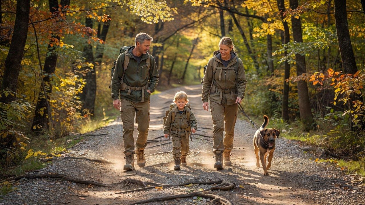 A family with a child and a leashed dog hiking a wide forest trail in autumn wearing roomy hiking shoes