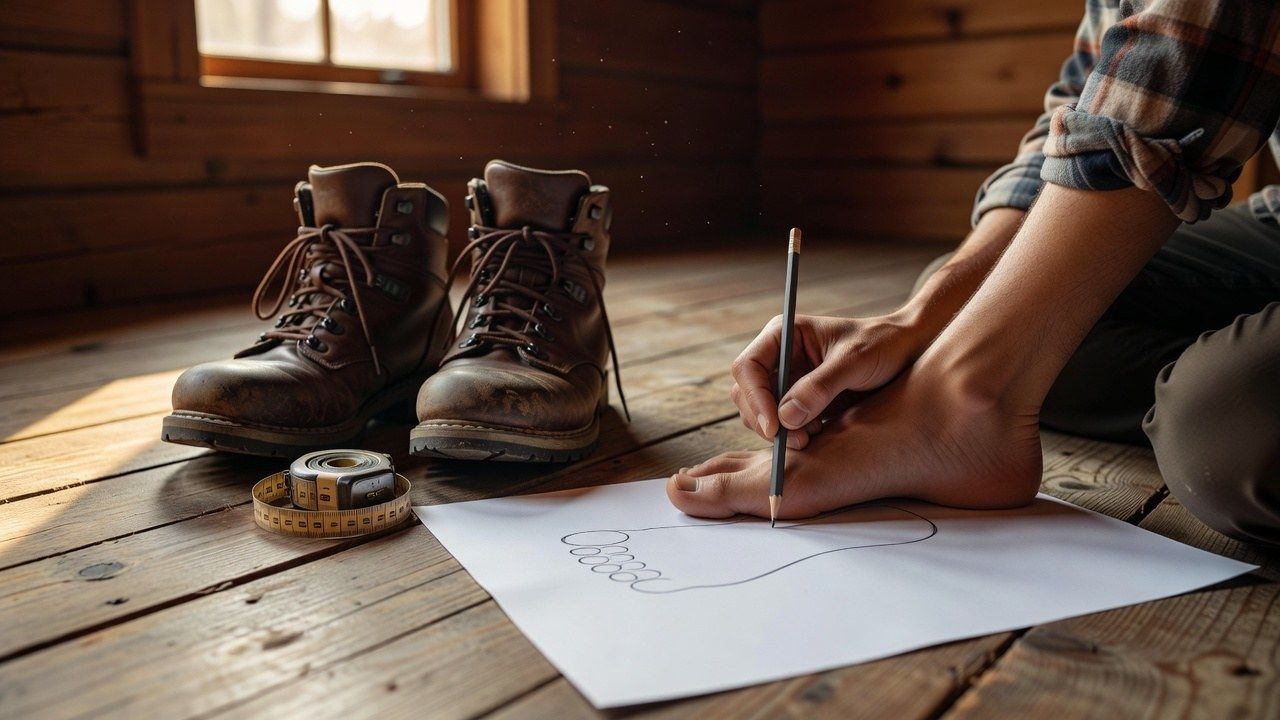 A hiker tracing their bare foot on paper beside a pair of wide-toe-box leather hiking shoes and a measuring tape