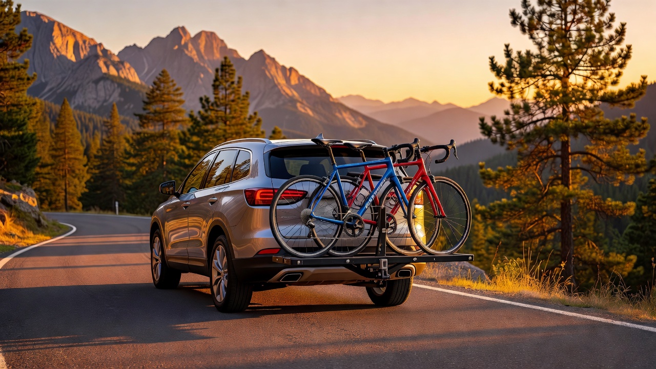 Two road bikes loaded on a hitch-mounted platform rack at golden hour on a mountain road