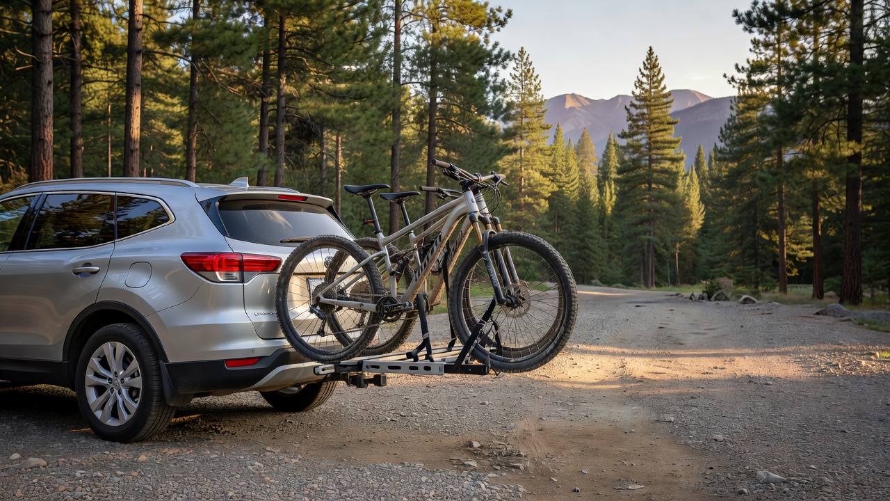 Hitch-mounted platform bike rack carrying mountain bikes at a forest trailhead