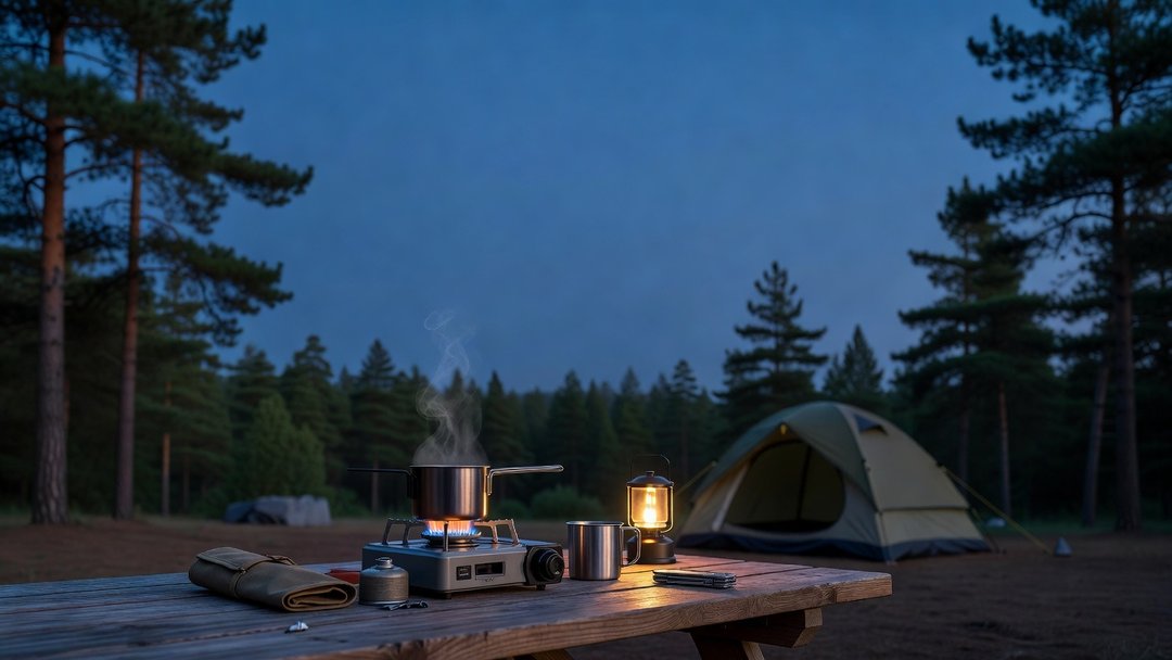 A propane camp kitchen set up at blue hour with a grill and cook station