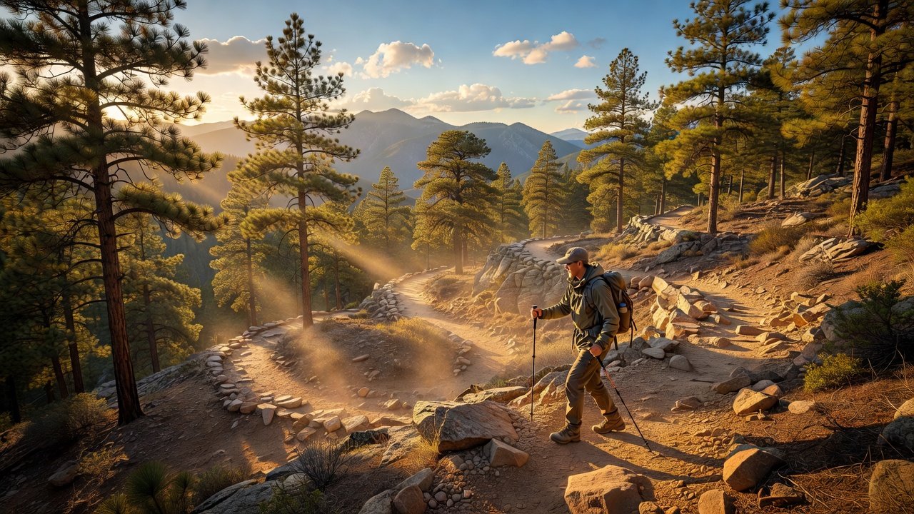 Hiker using trekking poles on a mountain switchback trail at golden hour