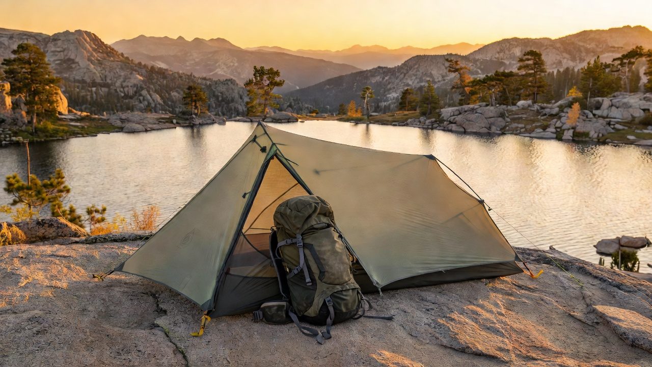 A trekking-pole ultralight shelter pitched on granite beside an alpine lake at sunset