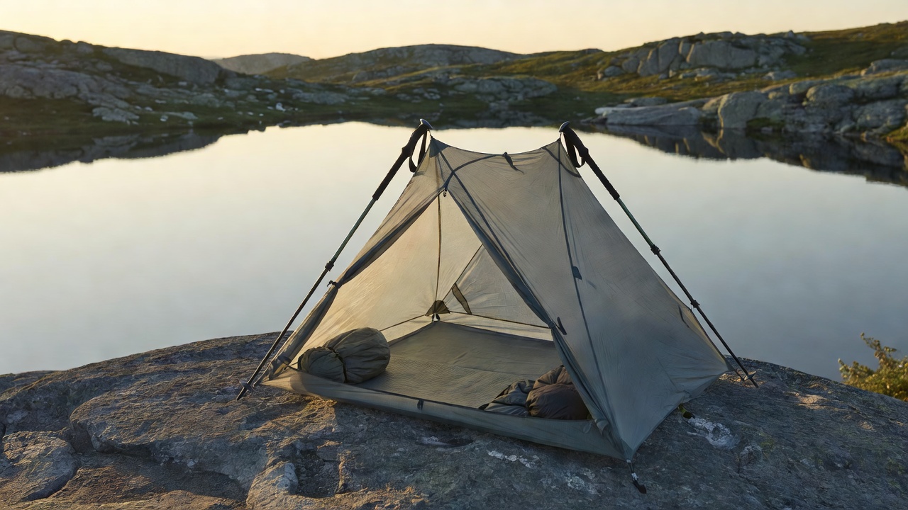 A single-wall trekking-pole shelter pitched on granite beside an alpine lake at golden hour