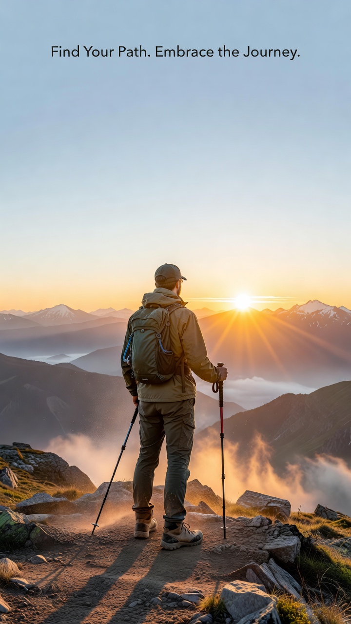 A solo backpacker hiking toward a mountain campsite at sunrise
