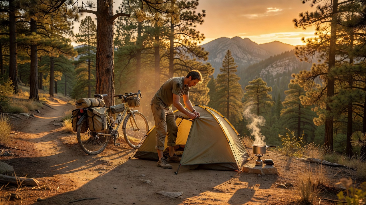 Cyclist setting up camp at a forest campsite during golden hour with mountains in the background