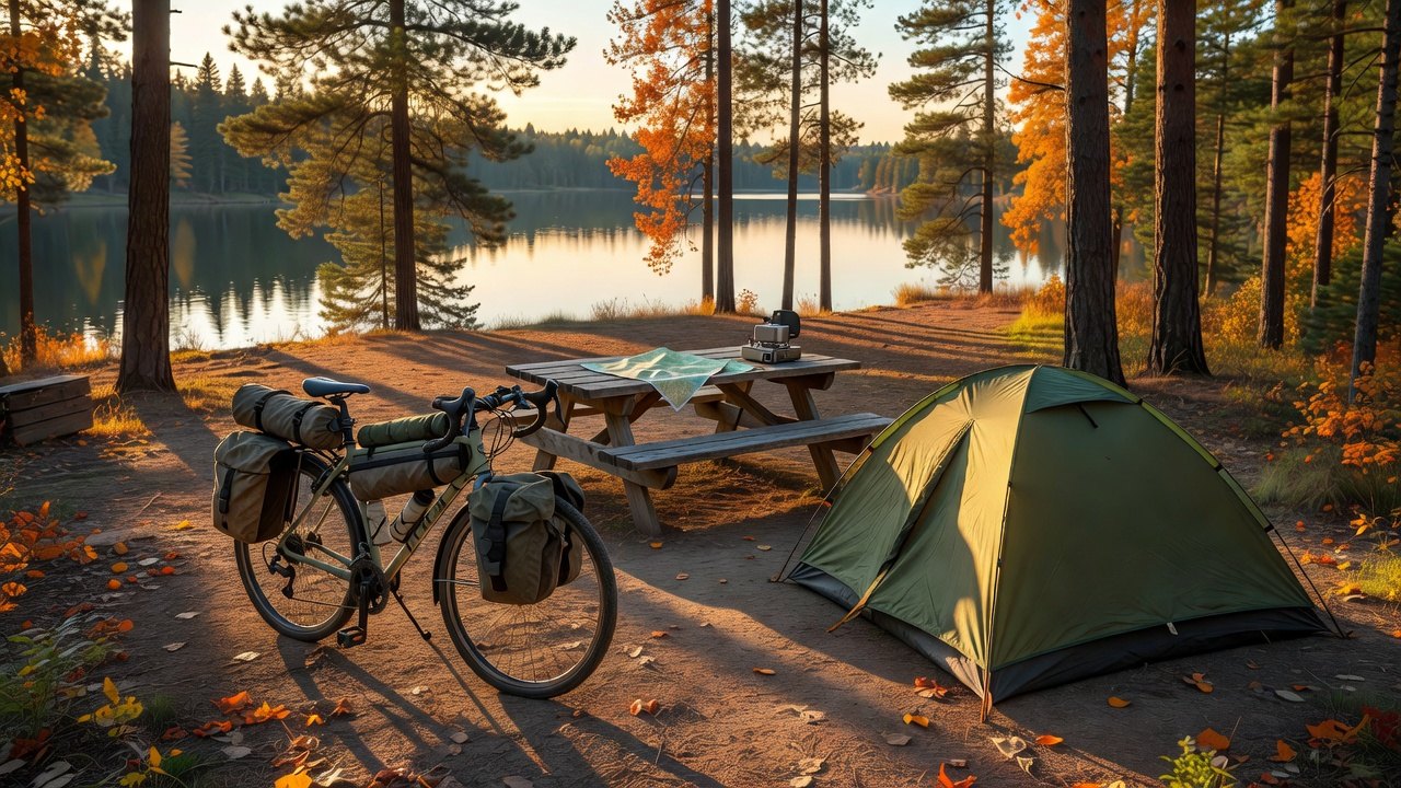 A loaded touring bike with panniers, a frame bag and a handlebar roll parked beside a green tent at an autumn lakeside campsite