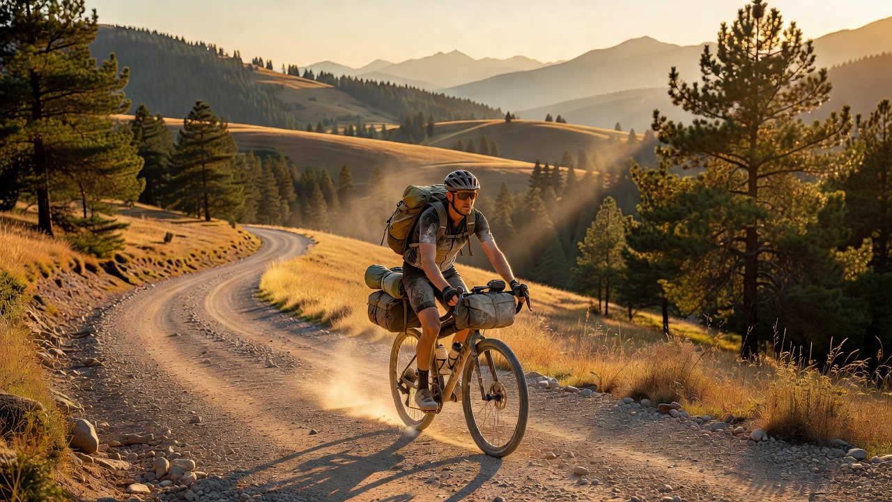 A cyclist bikepacking on a scenic mountain gravel road at golden hour, bike loaded with frame bags and tent roll