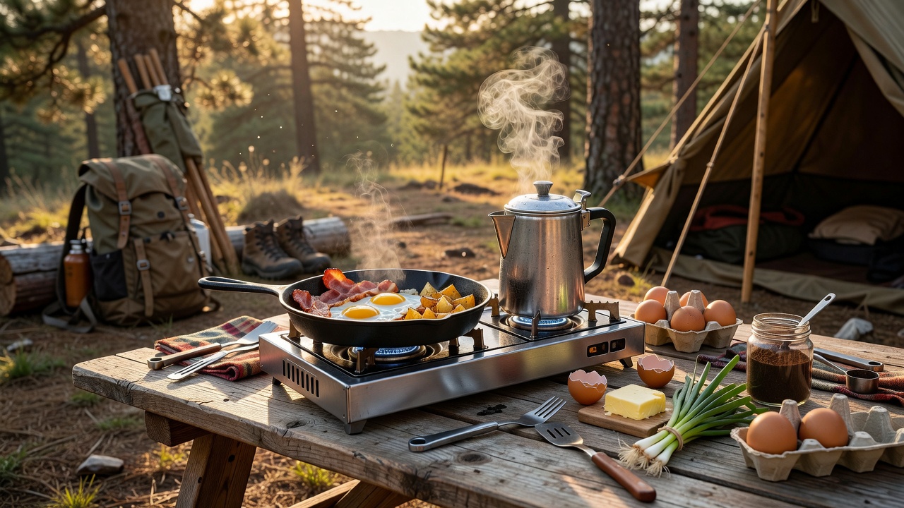 Budget camp cooking setup on a portable stove