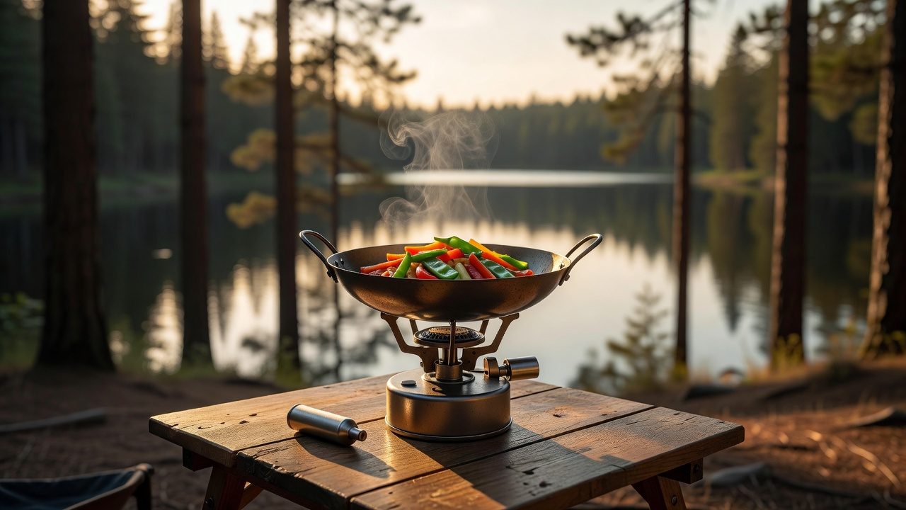 Butane tabletop stove with a wok and coffee pot at a lakeside campsite breakfast