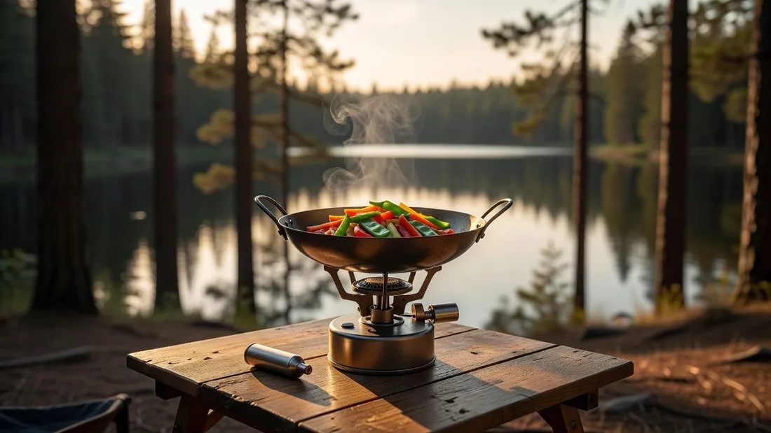 A flat-bottom wok of stir-fried vegetables cooking on a portable single-burner butane camp stove on a wooden camp table beside a lake