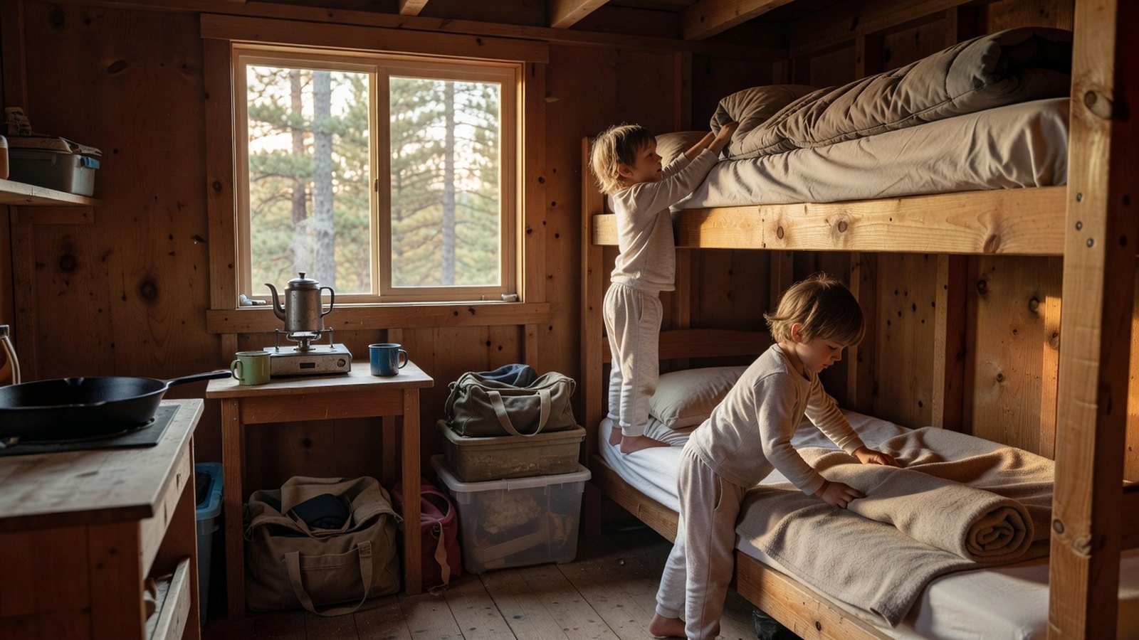 Kids making bunk beds with sleeping bags inside a simple wooden cabin in the morning