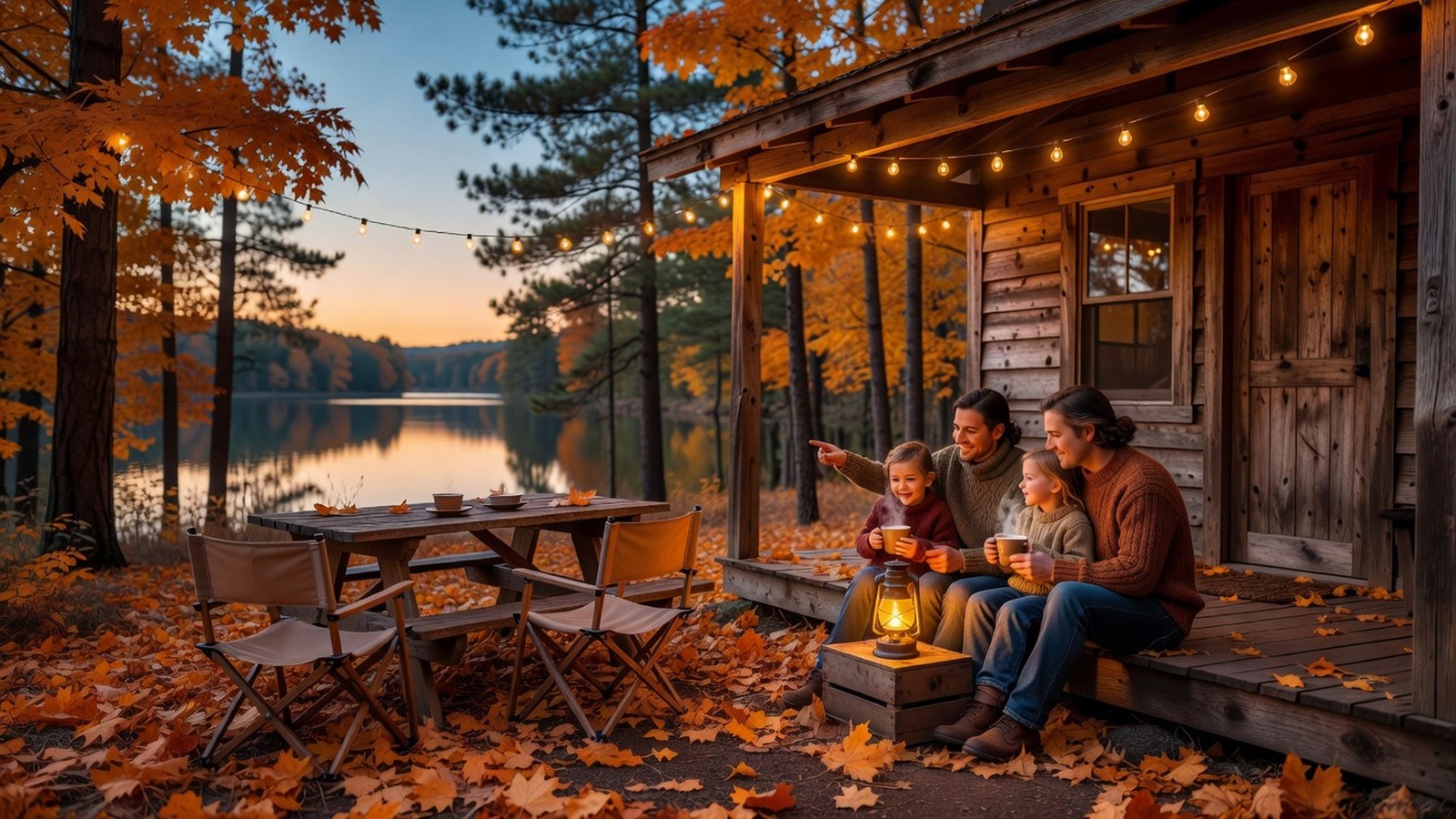 Warm autumn evening on the porch of a rustic family cabin with lanterns, kids, and a dog