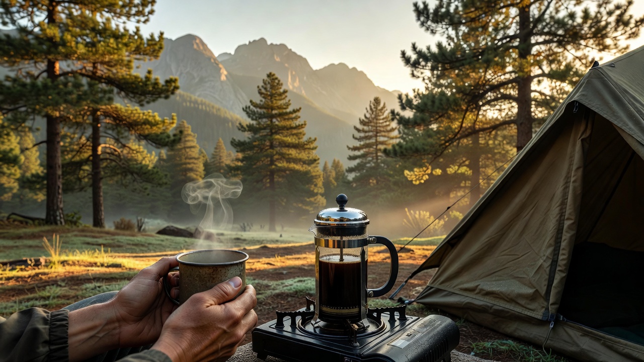 Morning camp coffee brewing at sunrise
