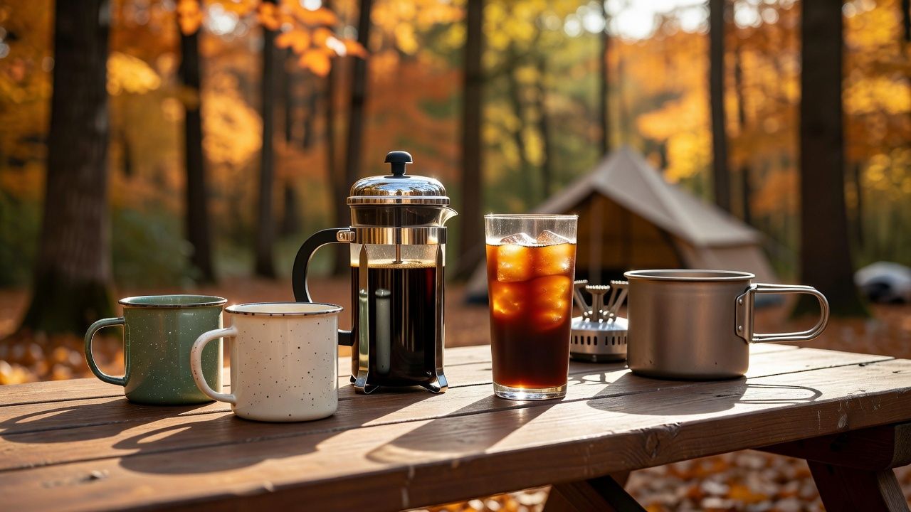 Cold brew concentrate and iced coffee on a campsite table beside an unlit camp stove and enamel mugs